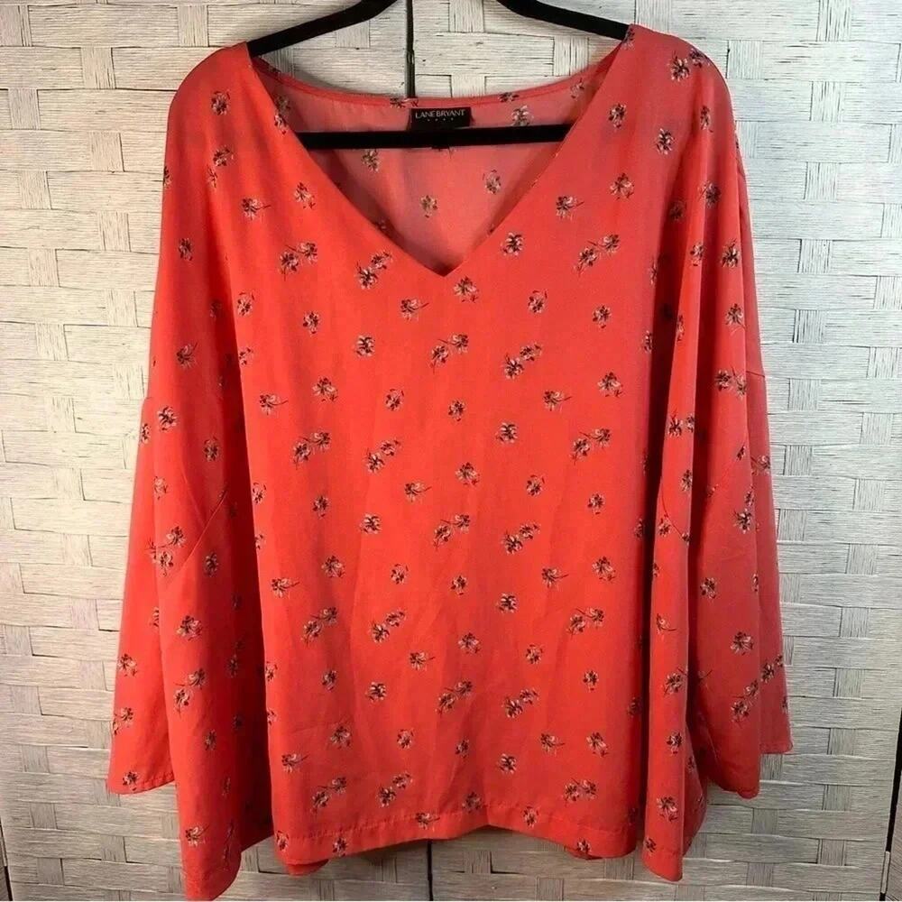 Lane‎ Bryant Womens Blouse loose fitting floral V-neck balloon sleeves plus size